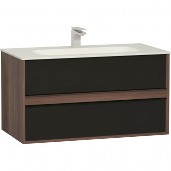 Тумба VITRA METROPOLE 100 см с раковиной INFINIT из искусственного камня, c 2-мя ящиками, цвет сливовое дерево, фасад черное акриловое стекло Тумба VITRA METROPOLE 100 см с раковиной INFINIT из искусственного камня, c 2-мя ящиками, цвет сливовое дерево, фасад черное акриловое стекло